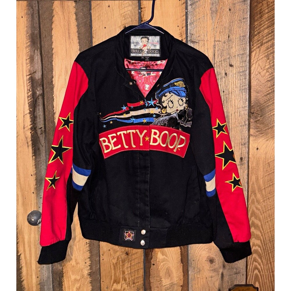 JH Betty Boop 3XL Biker Jacket Snap Front Lined Embroidered Vintage Motorcycle
